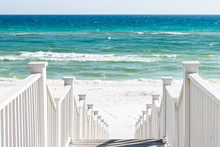 Seaside, Florida Railing Wooden Stairway Walkway Steps Architecture By Beach Ocean Background View Down During Sunny Day