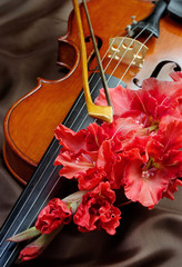 Wall Mural - gladiolus and violin. violin and flowers on a silk background.