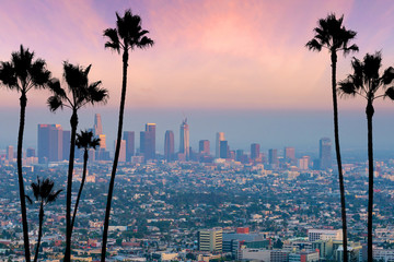 Fototapete - Beautiful sunset of Los Angeles downtown skyline