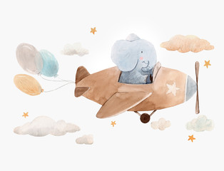 cute watercolor artwork with baby elephant on the plane with air baloons, clouds and stars. stock il