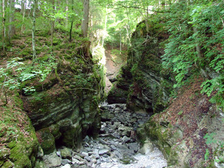 Thur river canyon without water during summer drought (die Schlucht des Flusses Thur) in the Obertoggenburg region, Unterwasser - Canton of St. Gallen, Switzerland