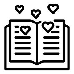 Poster - Open book and hearts icon. Outline open book and hearts vector icon for web design isolated on white background