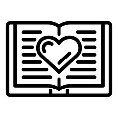 Poster - Open book and big heart icon. Outline open book and big heart vector icon for web design isolated on white background