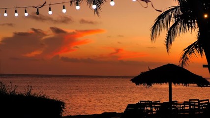 Wall Mural - tropical island under palm tree at twilight sunset time, sand beach and calm water in static shot