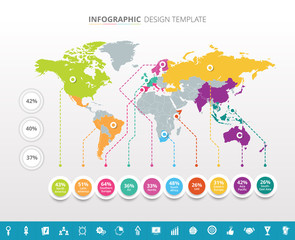 Wall Mural - World map business infographic with 16 extra icons - Vector Illustration