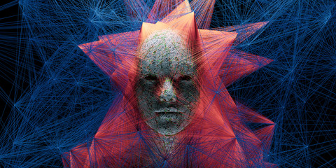 Wall Mural - abstract digital human face with big data connection or mistic mask. 3d illustration