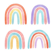 Set Of Vector Watercolor Neutral Calm Rainbows, In Blue, Red, Yellow, Pink Colors.	