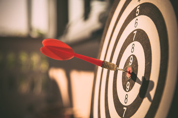 The bullseye, or bull's-eye or dart board has dart arrow hitting the center of a shooting target for business targeting and good success.