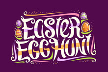 Vector Greeting Card For Easter Egg Hunt, Decorative Flyer With Curly Calligraphic Font, Art Design Curls And Swirls, Cartoon Eggs, Swirly Brush Typeface For Words Easter Egg Hunt On Purple Background