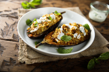 Roasted spicy eggplant with bulgur and yogurt