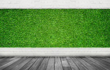 Wall Mural - exterior and interior design concept : empty space room of green artificial grass with white brick w