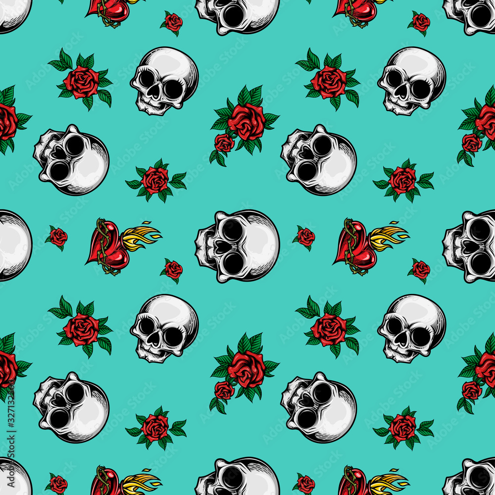 Skull And Roses With Ribbon Human skulls with roses and sacred heart seamless pattern. Vector ...