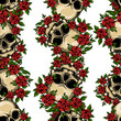 Human skulls with roses seamless pattern. Vector illustration of cute skulls and floral arrangement of red roses and leaves in engraving technique isolated on white background.
