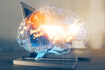 Poster - Multi exposure of work table with computer and brain hologram. Brainstorm concept.