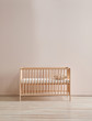 Baby room cradle and crib, bed with frame and lamp concept, pink wall background.