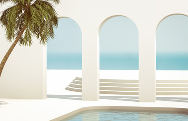 Leinwandbilder - Scene with geometrical forms, arch with a podium in natural day light. minimal landscape background. sea view with palm tree. Summer scene. 3D render background.