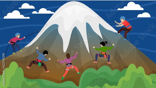 Equipped group of people alpinists men women climbing hillside high mountain with snow peak vector illustration flat style Tableau sur Toile