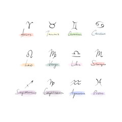 Set of zodiac signs symbols. Hand-drawn and calligraphic elements. Vector