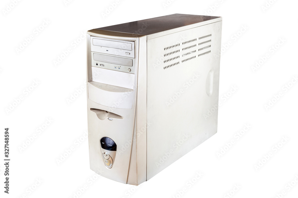 PC, computer case solo, white oldschool midi tower workstation system ...