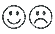 Grunge Stamp Happy And Unhappy Emoji Vector Illustration Icon Shape Symbol. Smile, Sad Logo Sign.  Isolated On White Background.