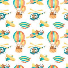  Seamless pattern watercolor bright colorful air transport with cute characters bunny and bear. Plane, helicopter, aerostat, air balloon, blimp. children, kid print