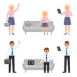 © Cherstva - Smiling, young business man and blonde woman vector illustration. Standing side view, waving hello, using tablet, sitting on sofa, waiting office boy and girl cartoon character set on white