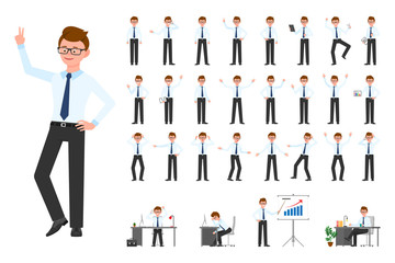 Cartoon character office business man vector illustration. Flat style design glasses human worker guy person poses set on white background