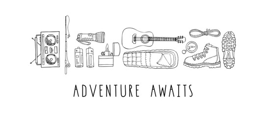 Wall Mural - Vector set of hand drawn elements isolated on white. Hiking gear for trips. Boots, flashlight, rope, guitar, sleeping bag, compass, boombox radio receiver, fishing rod. Lettering. Adventure awaits