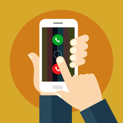 Poster - Incoming call on smartphone screen. Calling service. Hand holds smartphone, finger touch screen.