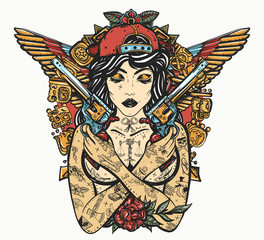 Wall Mural - Bad girl, crossed guns, wings and mayan ancient glyphs. Criminal street culture art. Favela style. Swag. Hip-hop and rap lifestyle. Cool gangster tattooed woman in baseball cap