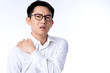 © whyframeshot - sick asian glasses male adult feel shoulder pain  hand touch shoulder muscle with stressful and tension white background office syndrome ideas concept