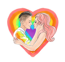 Love Wins. Romantic lesbian couple kissing. Sketchy watercolor illustration over heart shape isolated on white. Hand drawn artwork . Valentine's day card. LGBT rights concept. Two wonen.