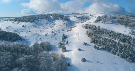 Wall Mural - Aerial view in a mountain forest. Winter landscape. Fly over frozen snowy fir and pine trees. Nature concept.