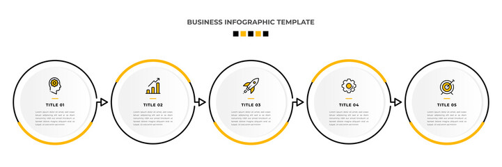 Minimal Modern Minimalist Business Infographics template with circle shape. 5 steps / option timeline with icons. For presentation, process, diagram, workflow, chart. Vector with orange, black