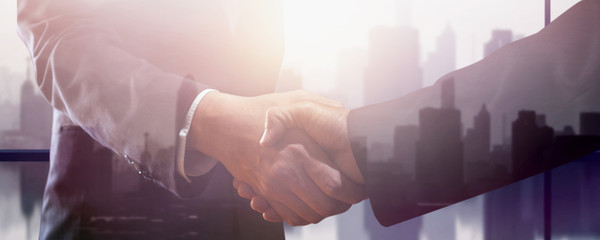 Wall Mural - successful negotiate and handshake concept, two businessman shake hand with partner to celebration partnership and teamwork, business deal.