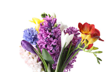 Bouquet of beautiful spring flowers on white background