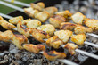 skewers with cooked chicken meat lie on the grill above the coals