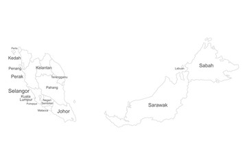  Malaysia federal states map with name labels on white background. Perfect for business concepts, backgrounds, backdrop, poster, sticker, banner, label and wallpaper.