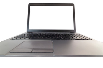 Closeup pov view of a laptop isolated on white