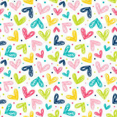 Wall Mural - Hearts and dots in doodle style. Seamless vector pattern in bright color palette.