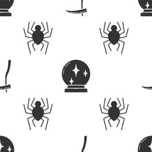 Set Scythe , Magic Ball And Spider On Seamless Pattern. Vector
