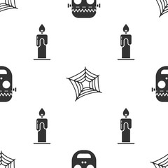 Sticker - Set Zombie mask , Spider web and Burning candle on seamless pattern. Vector