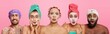 Collage shot of emotional people wear facial masks for having healthy skin and complexion, look surprisingly at camera, wash body, isolated on pink background. People, pampering, beauty treatment
