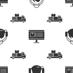 Poster - Set Support operator in touch, Computer monitor with app delivery tracking and Delivery truck with cardboard boxes on seamless pattern. Vector