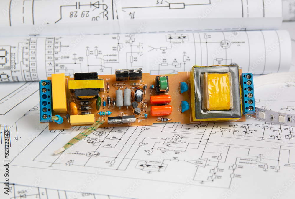 electrical engineering drawings and electronic board - obrazy, fototapety, plakaty 