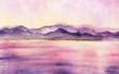 Serene watercolor landscape of mountains. Mountain chain and calm water reflecting colorful delicate sunset sky. Abstract hand drawn illustration full of romance. Wet ink effect on paper texture.