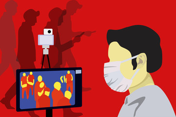 Illustration vector graphic of Health officials check people who come from overseas with a thermal scanner to scan the corona virus or covid-19 virus.  stop virus outbreak concept. 