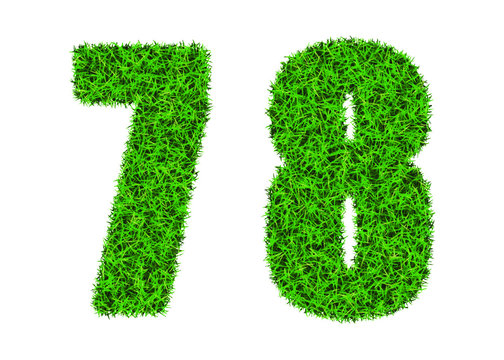 Green grass font. The number 7 and 8. Lawn texture number on white background.