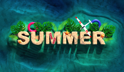 3d rendered illustration of summer beach banner design.Travel background. 3d text islands with colorful elements monstera and palm leaves, slippers, airplane and swimming rings in the middle of water