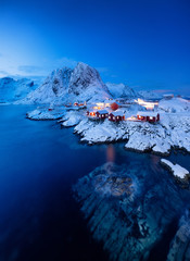 Wall Mural - view on the house in the hamnoy village, lofoten islands, norway. landscape in winter time during bl